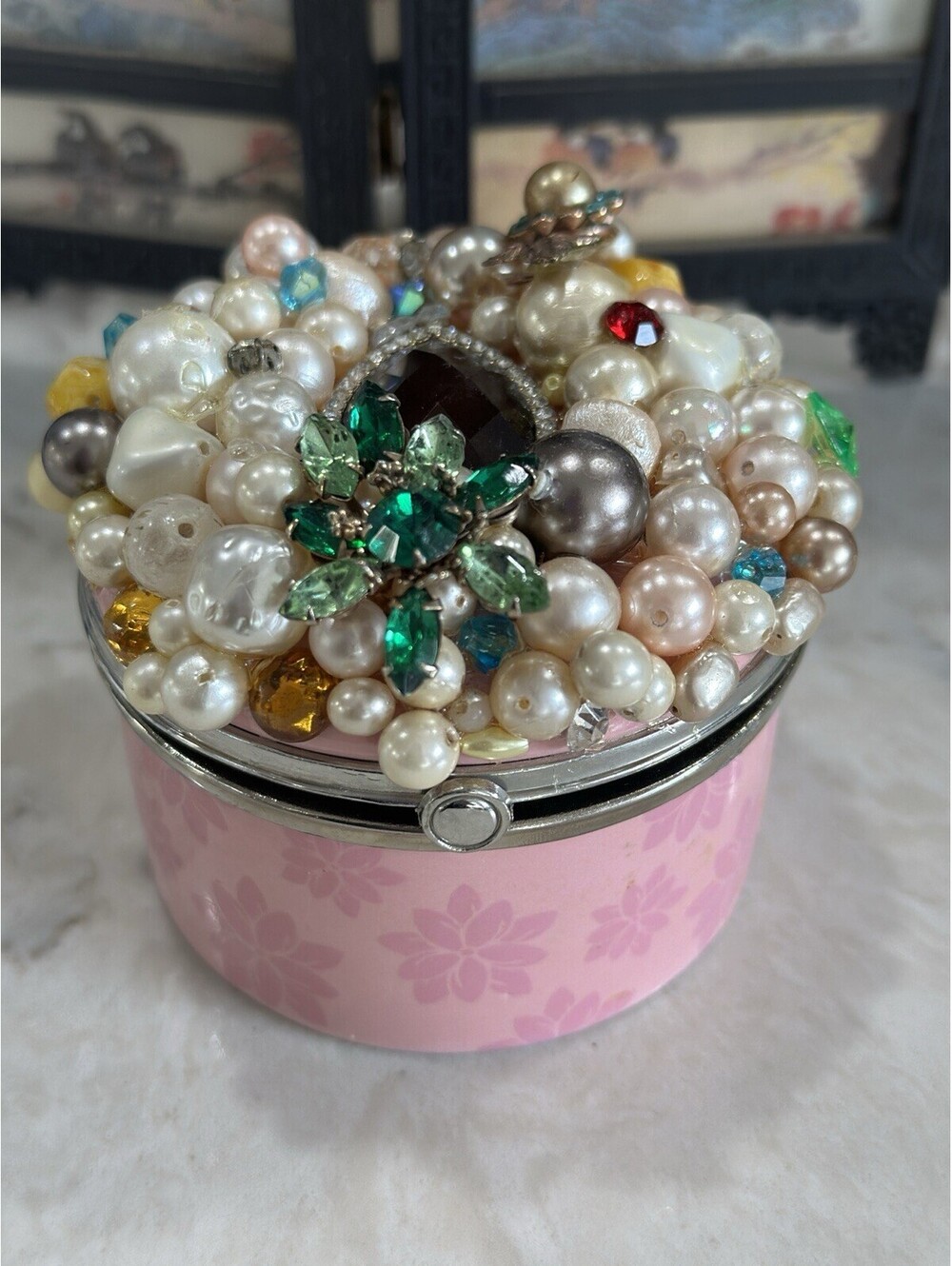 Pink Trinket Box bejeweled and embellished vintage metal trinket boxes 3.50”